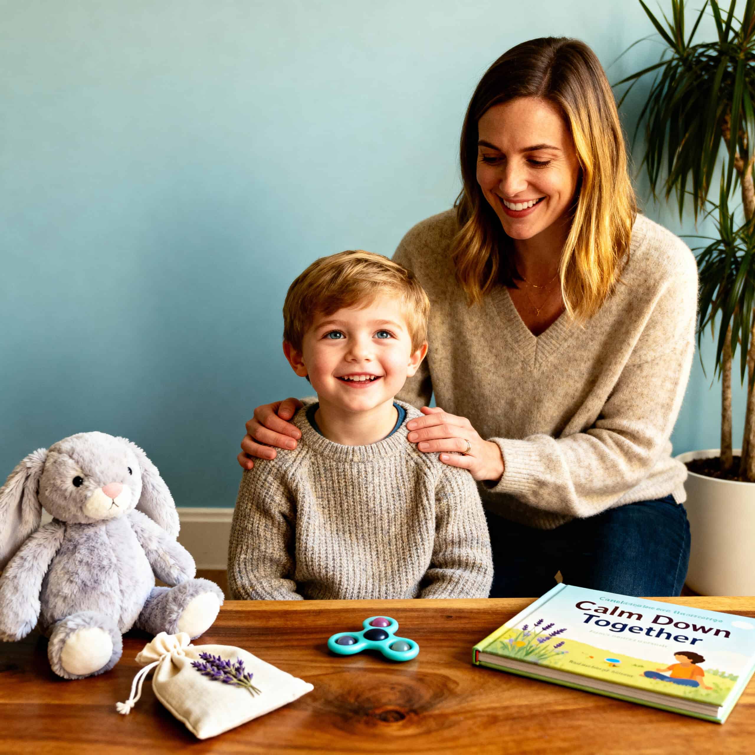 parent calming child blue